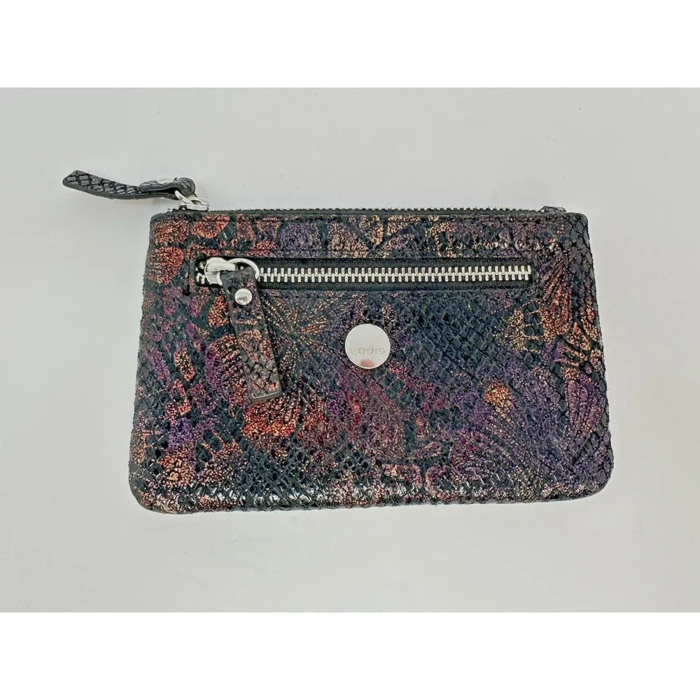 Lodis Metallic Snakeskin Leather Card Case Wallet Slim Zip Pouch RFID Floral